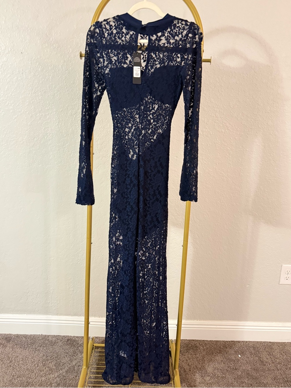 NWT Fashion Nova Scandalous Slip Lace Maxi Dress Navy - Picture 2 of 5